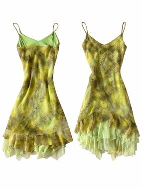 Vintage Green Yellow Embroidered Slip Dress with Ruffled Hem